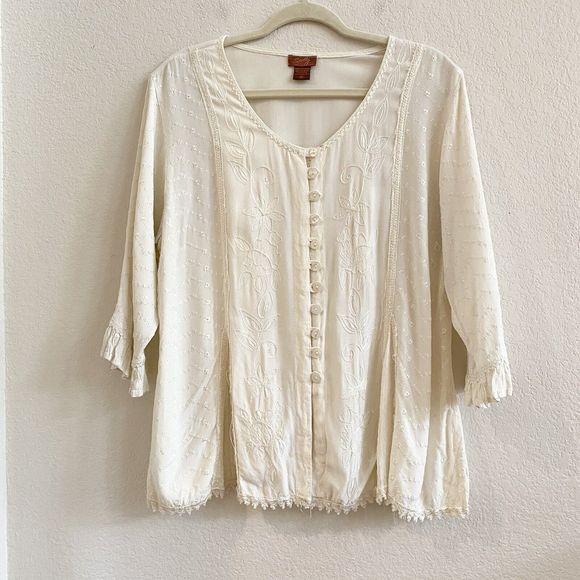 Scully Tops - Scully Top Womens Extra Large Cream Heavy Embroidery Western Romantic Feminine